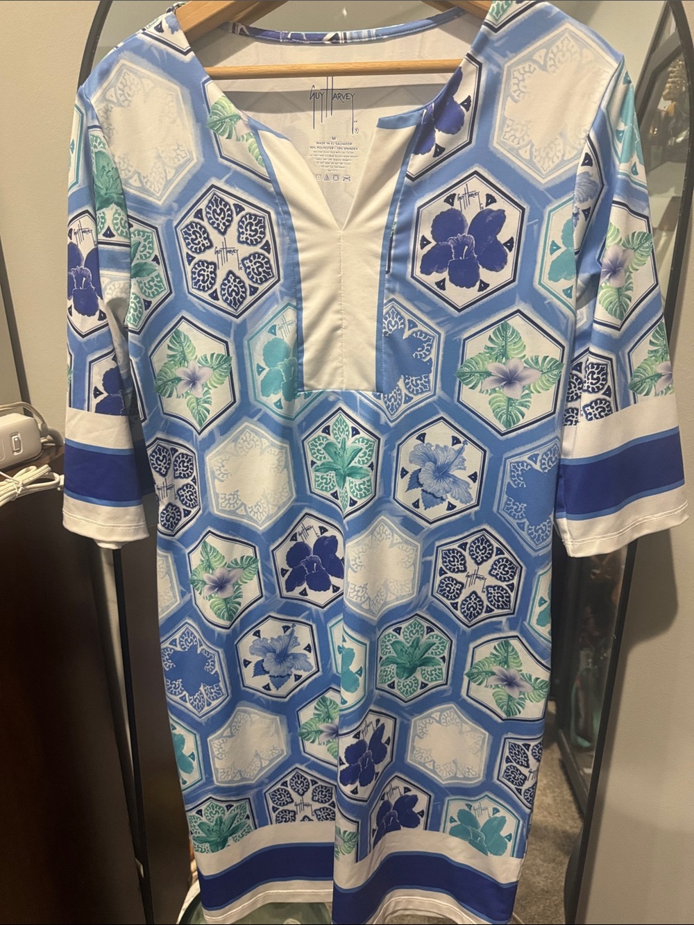 Guy Harvey Blue, Teal & White Hexagon Floral Pullover Nightgown